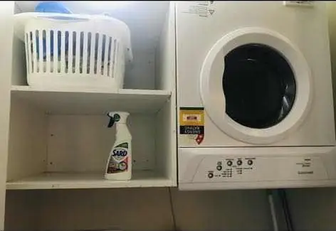 Laundry shelving beside a dryer