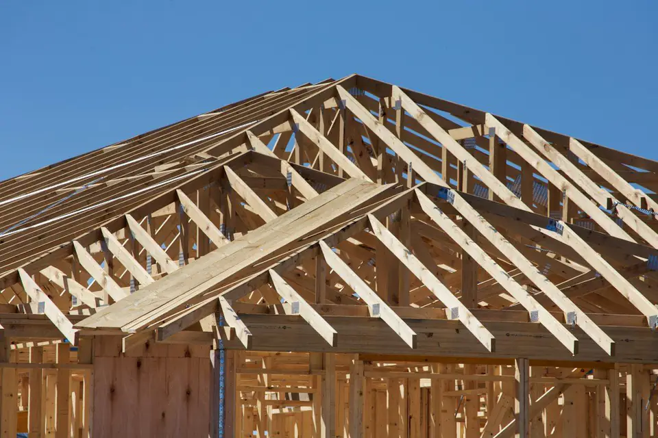Timber roof trusses on a new house frame